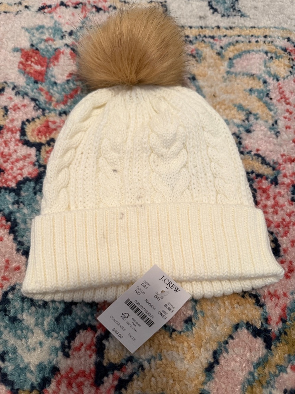 J. Crew Cream Cable-Knit Beanie with Brown Faux-Fur Pom